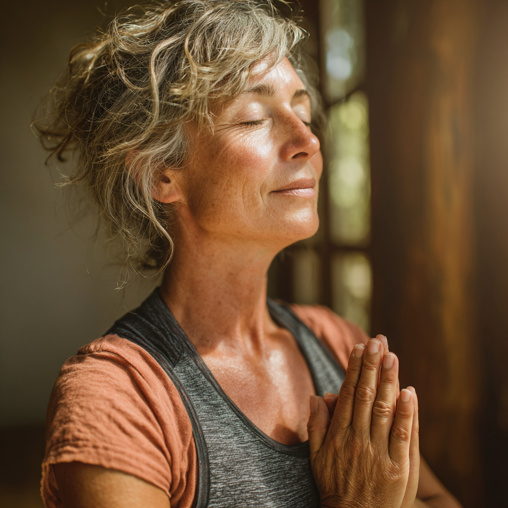 Middle-aged woman practicing gentle yoga poses in natural indoor setting