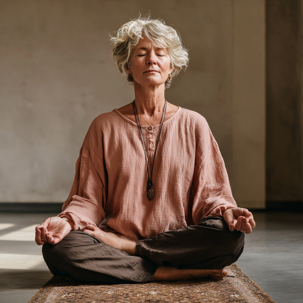 Older adult in calm meditation posture in minimalist yoga studio